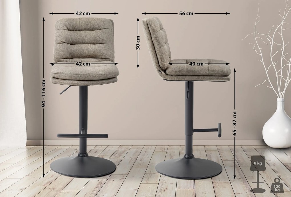 Banco de bar Damar em tecido com estrutura preta 94-116 x 42 x 56 cm Castanho acinzentado