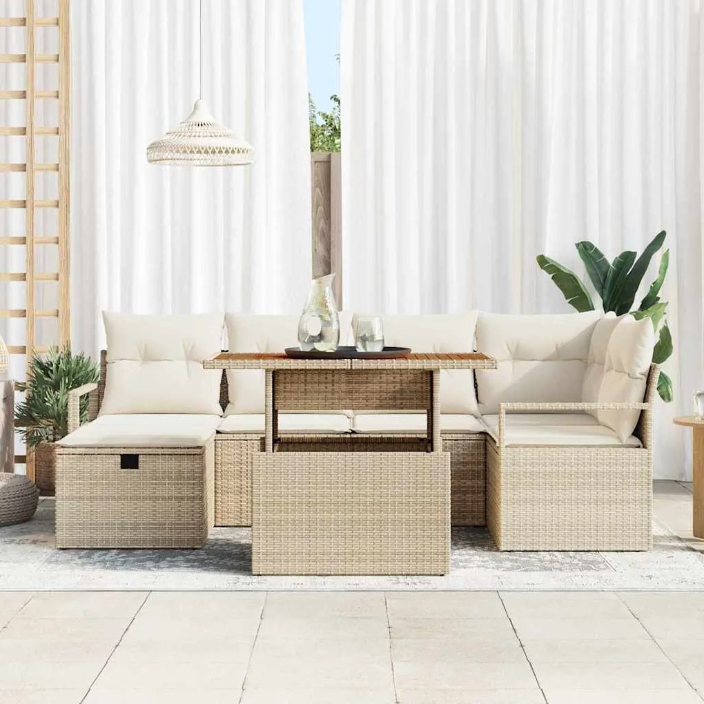 Conjunto de Sofá de Jardim de 7 Peças com Almofadas Bege Vime Poly