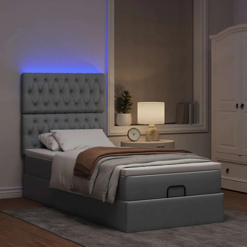 Cama Otomana com colchão & LEDs 80x200cm tecido cinza-claro