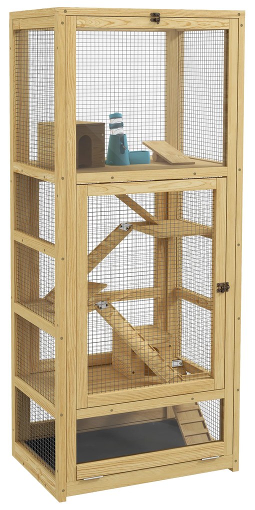 Pawhut Gaiola para Hamsters ou Pequenos Animais em Madeira 5 Níveis com Escada Cabana Balanço 54x38x131 cm Natural | Aosom Portugal