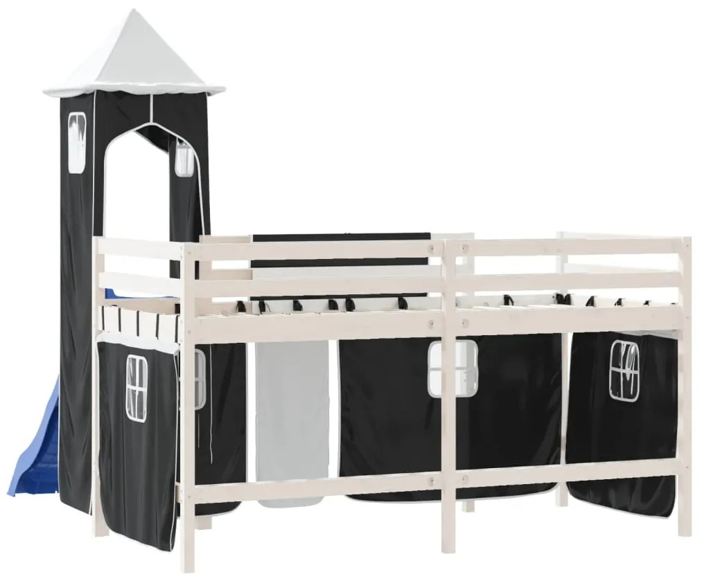 Cama alta criança c/ torre 90x200 cm pinho maciço branco/preto