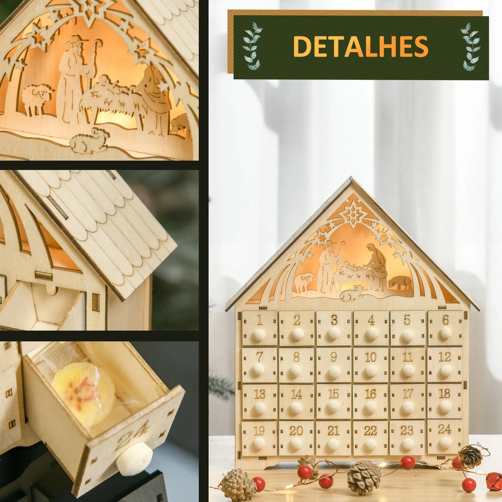 HOMCOM Calendário de Advento de Madeira com Luzes Calendário de Advento com 24 Caixas de Contagem Regressiva Decoração de Natal 26,6x6x30 cm Madeira