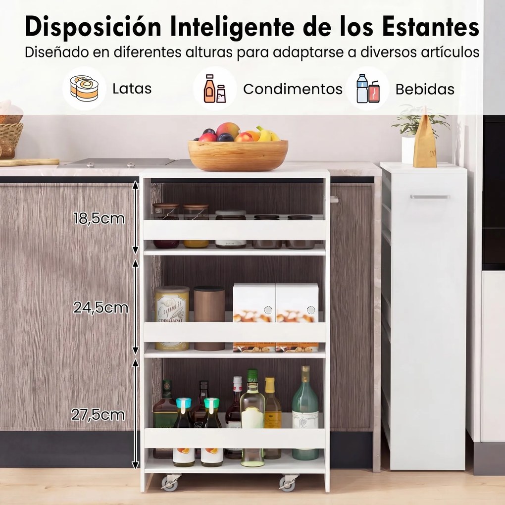 Carrinho cozinha estreito de 20 cm para cozinha com 4 prateleiras, rodas bloqueáveis, pega e grades deslizantes para sala de estar e cozinha, branco