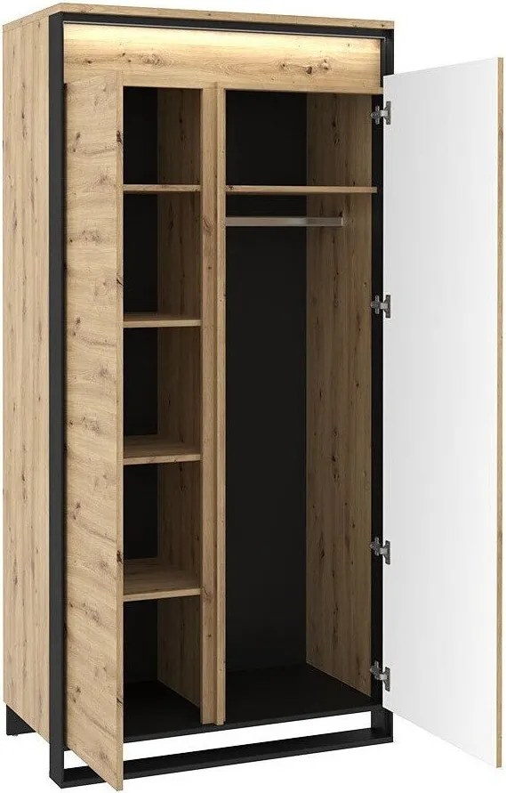 Roupeiro Luliru 126, Carvalho Artisan, Preto, 195x95x50cm, 83 kg, Portas para roupeiro: Com dobradiças, Número de prateleiras: 5, Número de prateleiras: 5