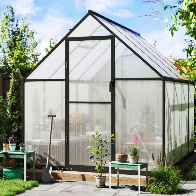 Estufa exterior com cobertura 250 x 190 x 195 cm em PBF, estrutura em liga de alumínio, claraboia ajustável preta