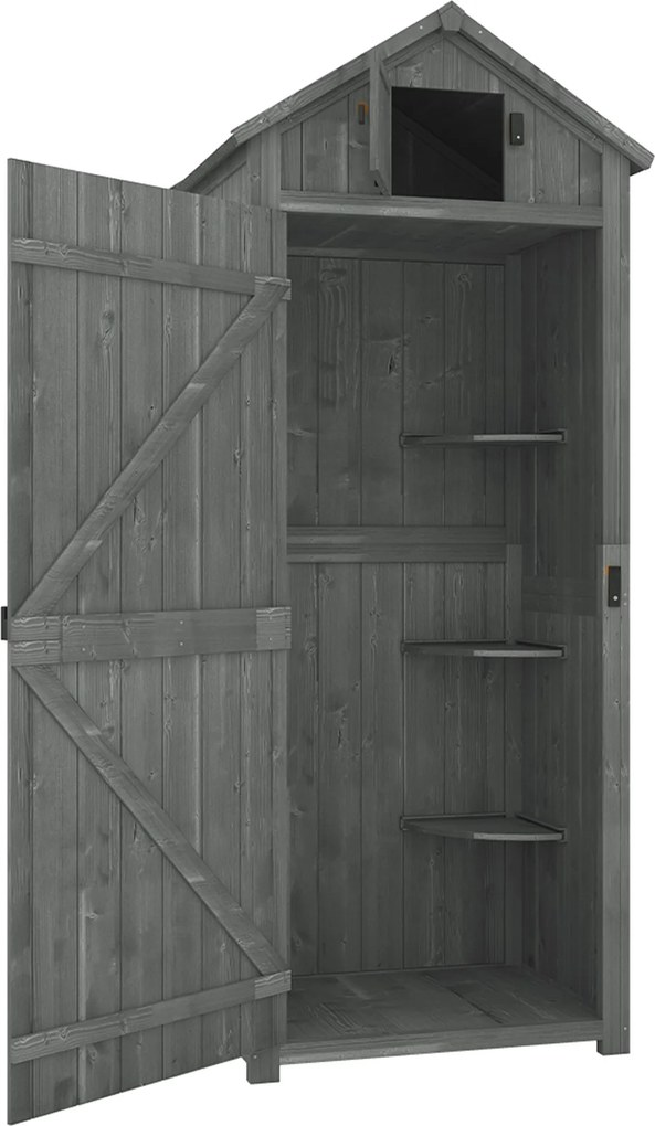 Outsunny Armário de Jardim de Madeira 77x54,2x179 cm 0,3 m² Armário de Armazenamento com 3 Prateleiras e 2 Portas Cinza e Verde | Aosom Portugal