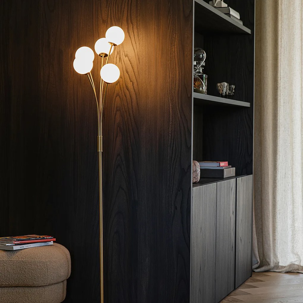 Candeeiro de pé moderno dourado com vidro opalino 5 luzes - Athens