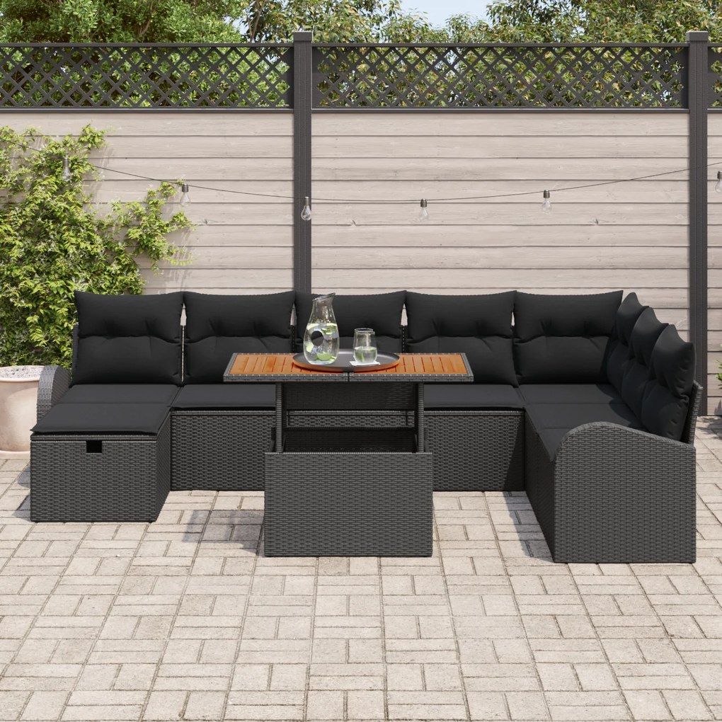 Conjunto de Sofá de Jardim de 9 Peças com Almofadas Preto Rattan Polié