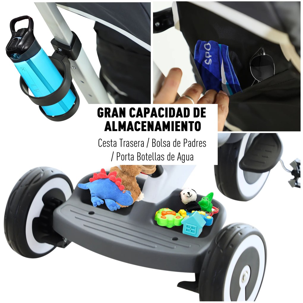 HOMCOM triciclo bebê 4 em 1 s para crianças +18 meses Evolutivo capuz Barra Destacável Controle Parental Brinquedo de aprendizagem Cinza