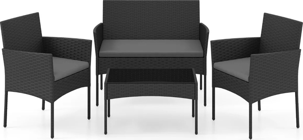 Conjunto de jardim em rattan de 4 peças, com 2 poltronas, sofá de 2 lugares, mesa auxiliar e almofadas de espuma, para alpendre, pátio ou terraço, Pre