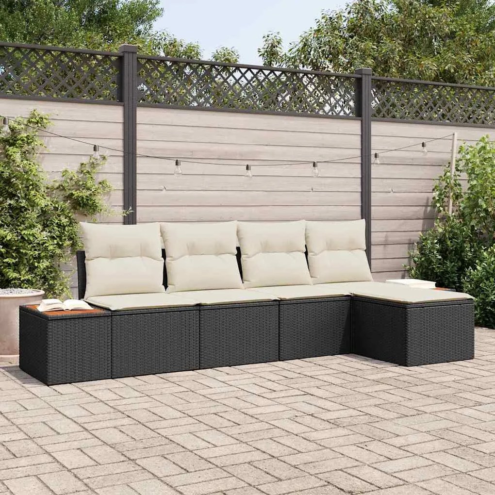 Conjunto de Sofá de Jardim em 5 Peças com Almofadas Rattan Poly Preto