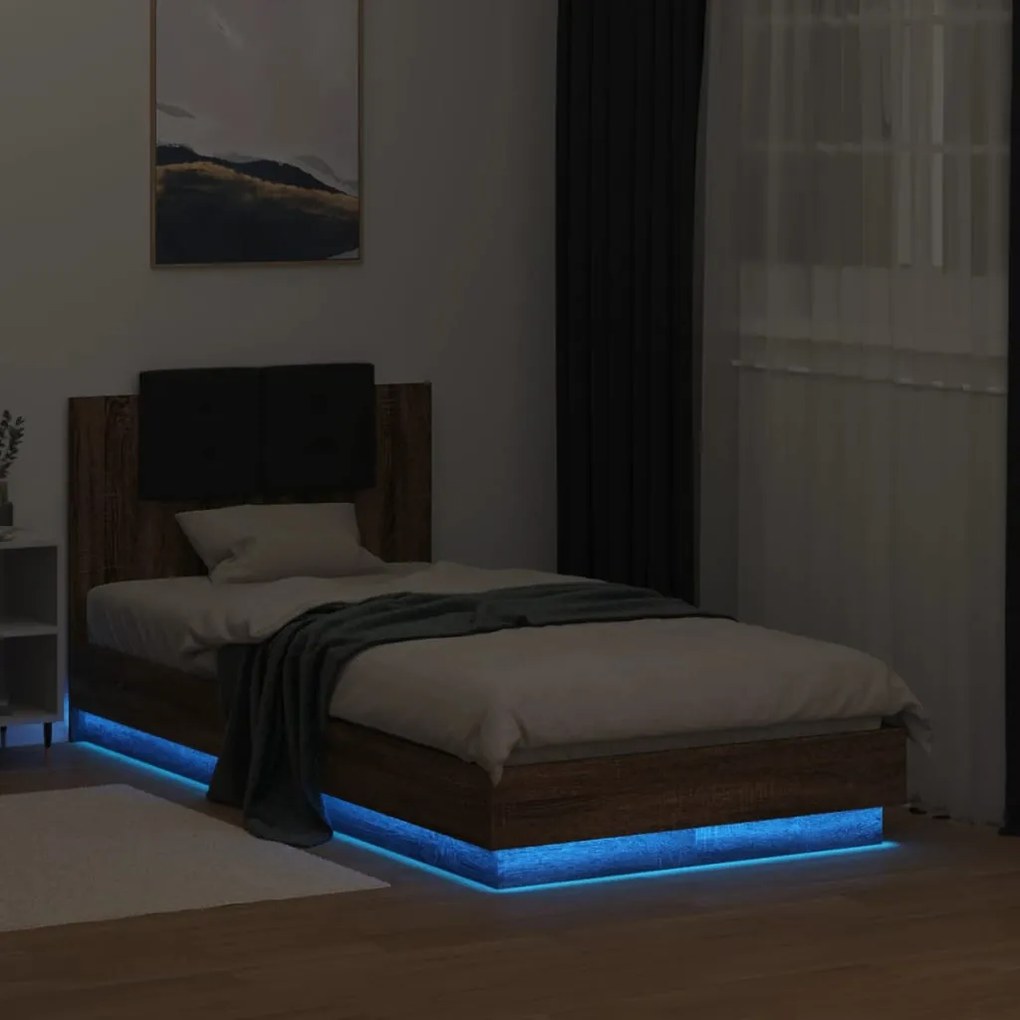 Estrutura cama cabeceira/luzes LED 75x190 cm carvalho castanho