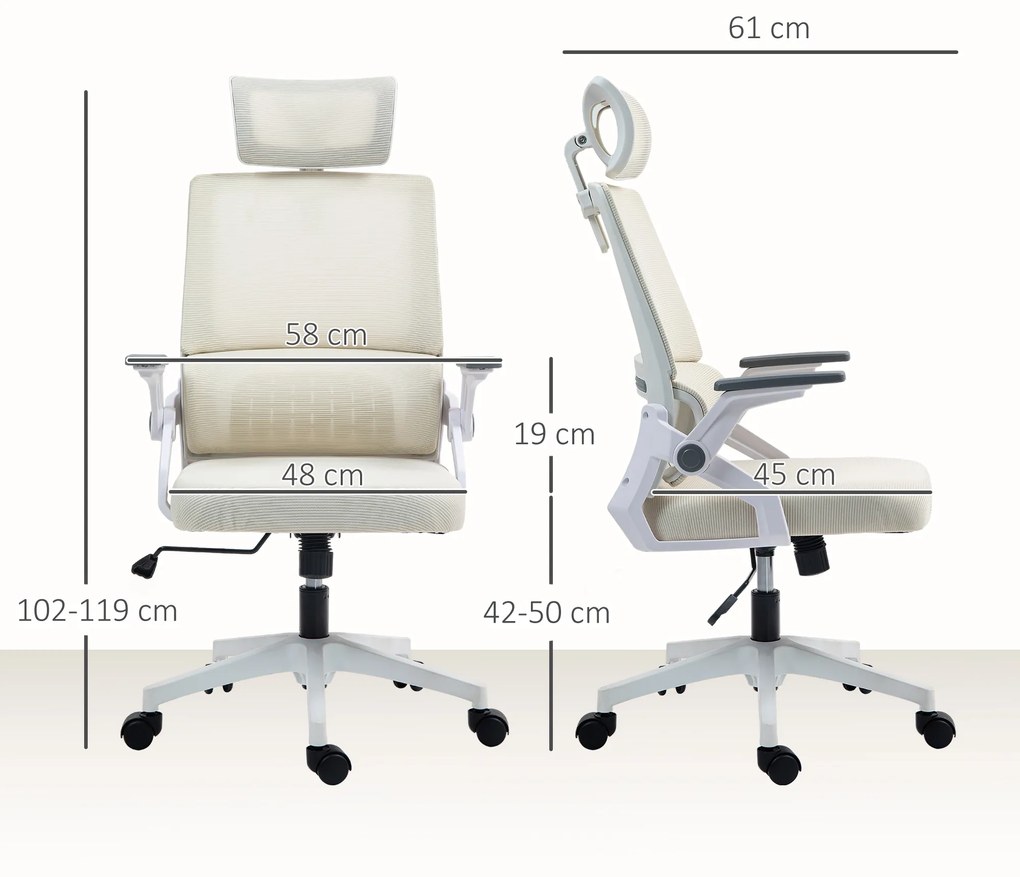 Cadeira de Escritório de Malha Giratória com Altura e Apoio para a Cabeça Ajustáveis 58x61x102-119 cm Bege