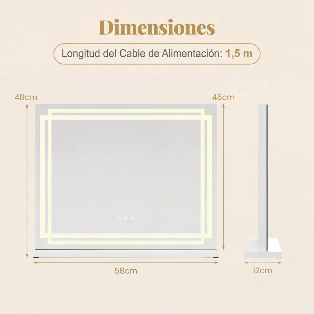 Espelho de maquilhagem com luz, 58 x 46 cm com 3 modos de iluminação regulável e controlo tátil inteligente Branco
