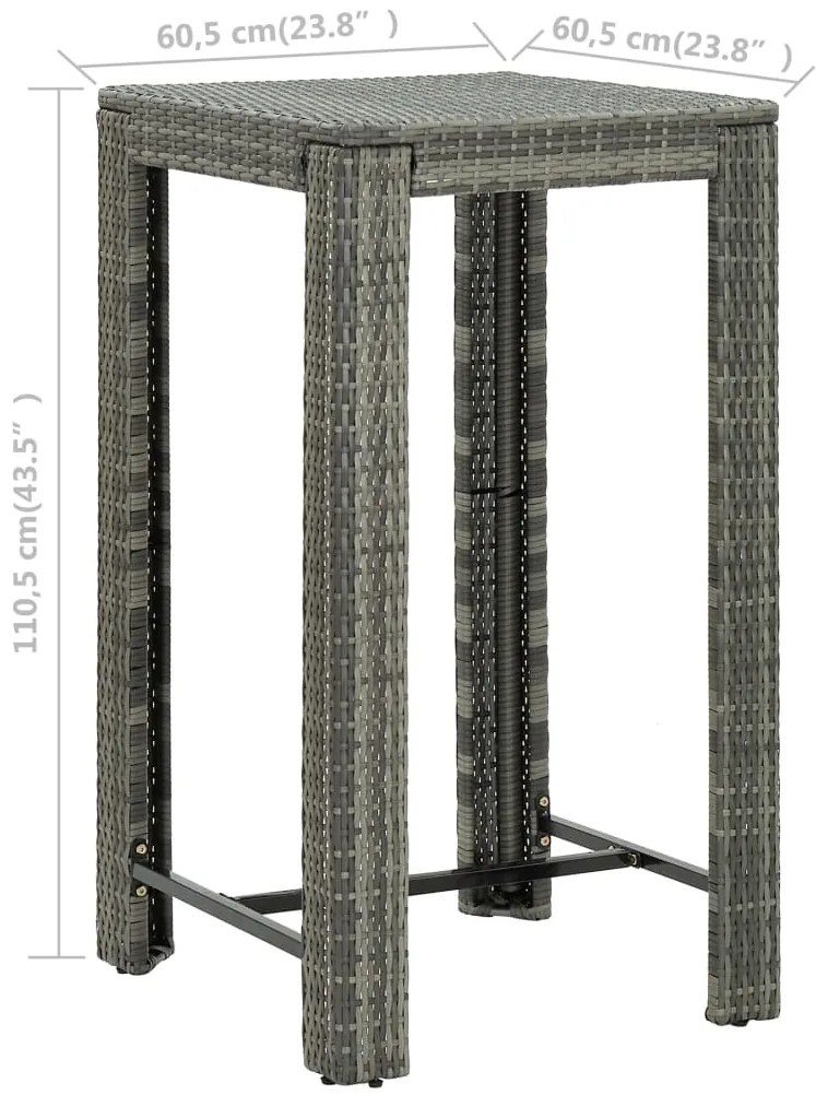 Mesa de bar para jardim 60,5x60,5x110,5 cm vime PE cinzento
