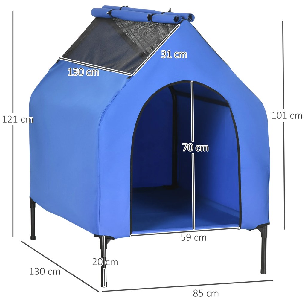 Casa para Cães e Cama Elevada com Cobertura Desmontável e Janela de Malha para Cães Grandes e Extra Grandes 130x85x121 cm Azul