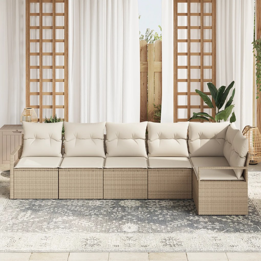 Conjunto de Sofá de Jardim de 6 Peças com Almofadas Bege Polyrattan