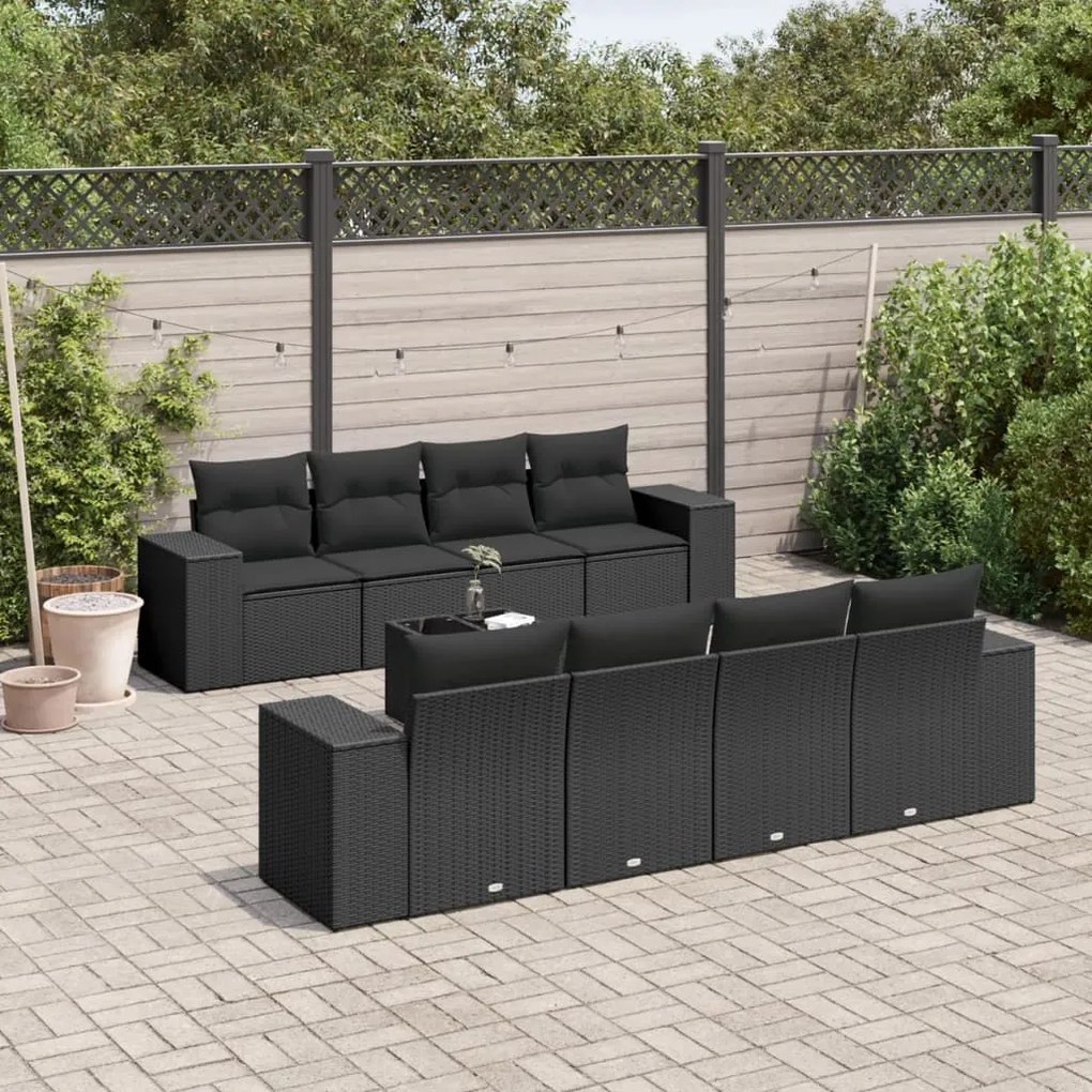 9 pcs conjunto de sofás p/ jardim c/ almofadões vime PE preto