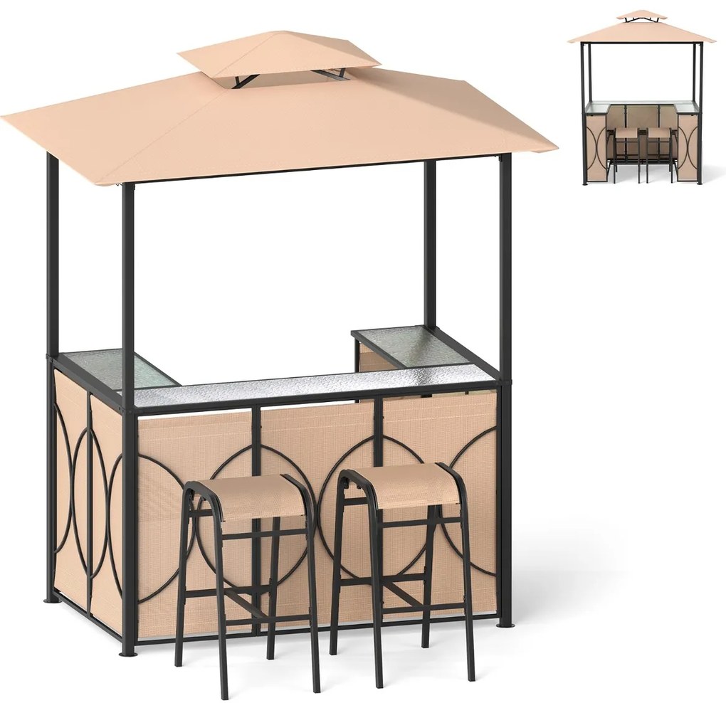 Conjunto de Pérgula para Churrasqueira ou bar 194 x 121 x 242 cm com 2 Bancos Estante Metálica de 2 Níveis com Teto Duplo Castanho