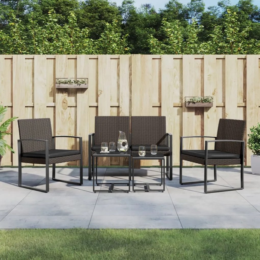 vidaXL 5 pcs conjunto jantar p/ jardim c/ almofadões vime PP castanho