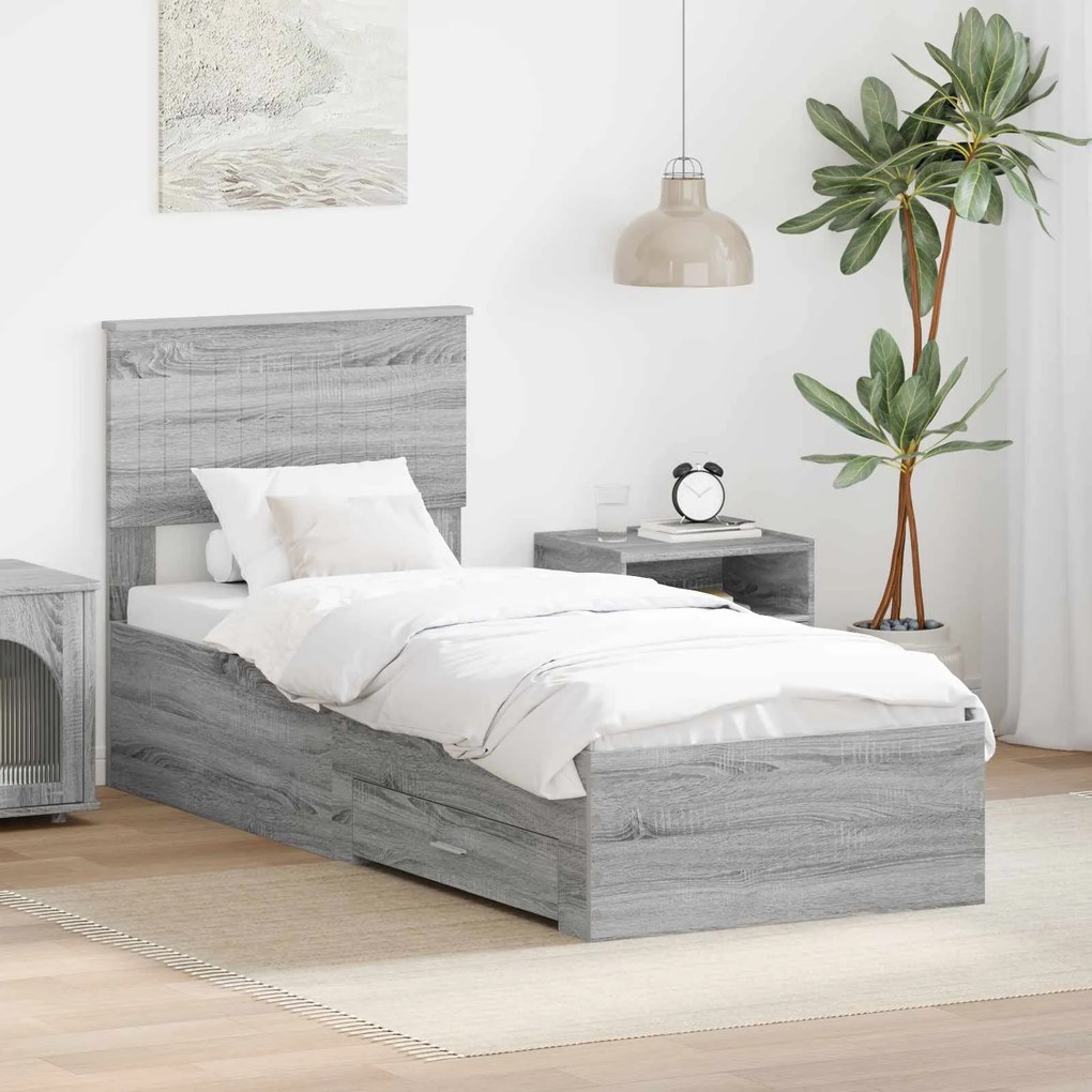 vidaXL Estrutura da Cama com gaveta Cinza Sonoma e Prata 75 x 190 cm