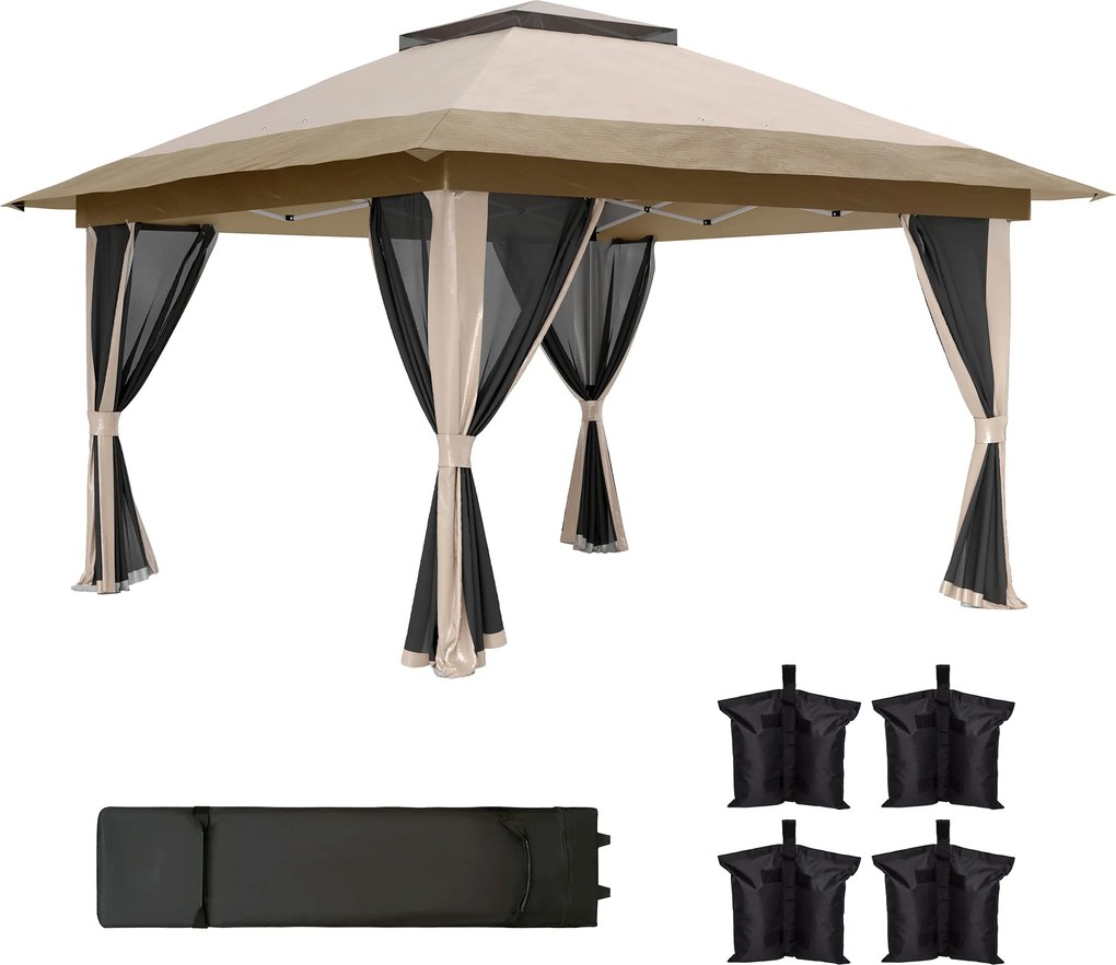 Outsunny Tenda Dobrável 3,6x3,6 m com Laterais de Rede UPF50+ Altura Ajustável Bolsa com Rodas e Sacos de Areia Bege | Aosom Portugal