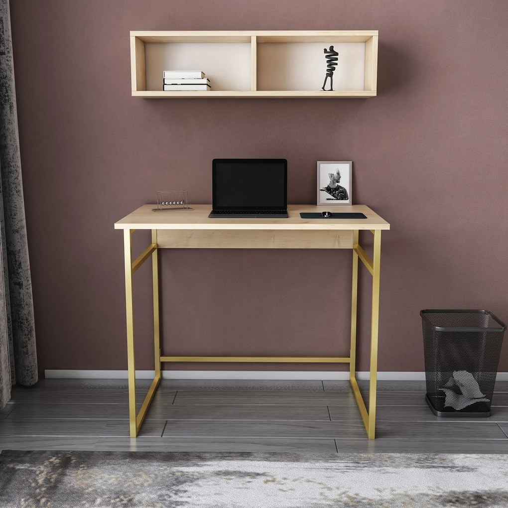 Secretária de Estudo Hussum - Dourado e Carvalho - 90x60x75 cm