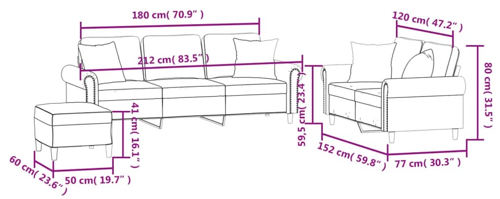 3 pcs conjunto de sofás com almofadas veludo cinzento-claro