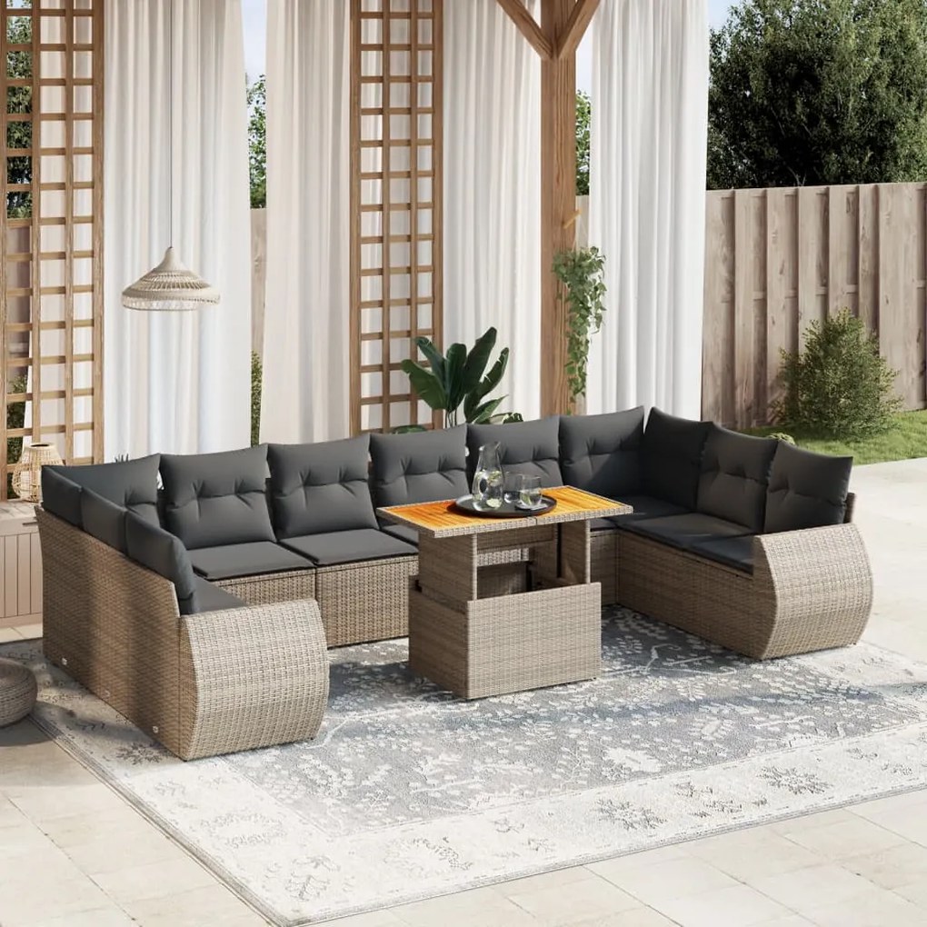 11 pcs conjunto sofás de jardim c/ almofadões vime PE cinzento