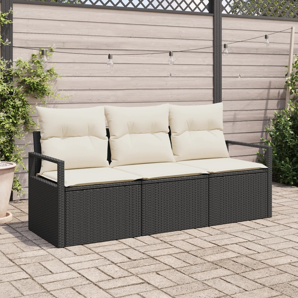 Conjunto de Sofá de Jardim 3 Peças com Almofadas Preto Rattan Poliéster