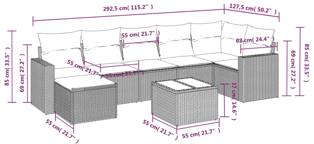 8 pcs conj. sofás jardim c/ almofadões vime PE cinzento-claro