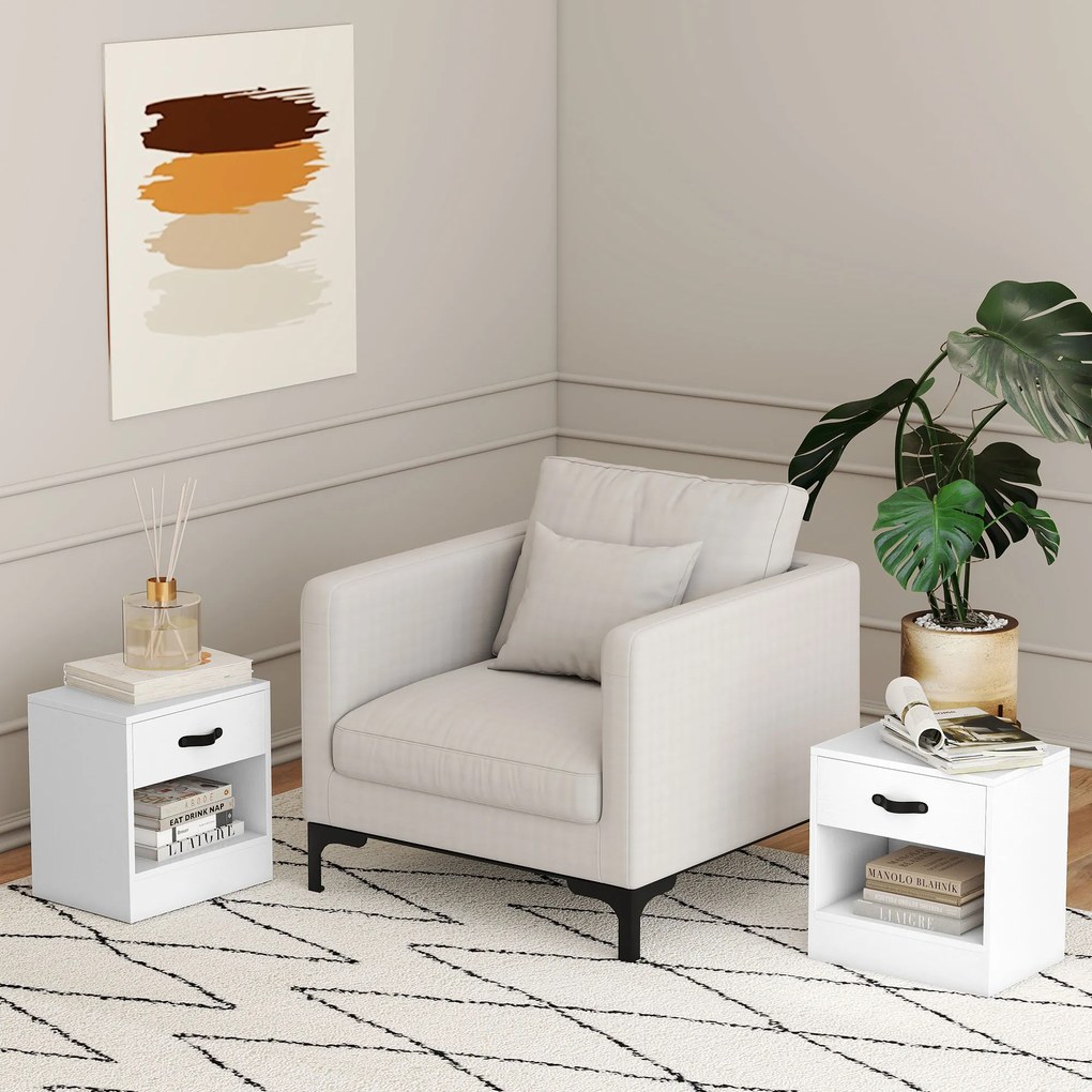 Conjunto de 2 Mesas de Cabeceira para Dormitório Estreitas com Gaveta e Compartimento Aberto 39x28x41 cm Branco