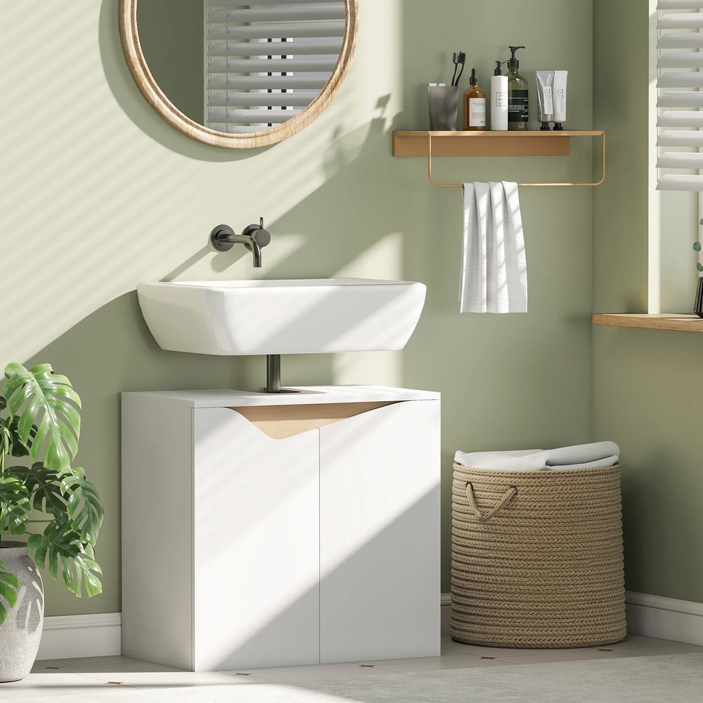 Móvel para lavatório (NÃO INCLUIDO), móvel de casa de banho com 2 portas com fecho suave, 60 x 35 x 57,9 cm, branco e madeira natural