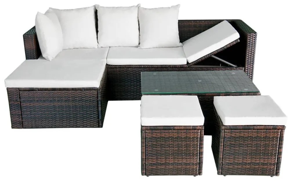 4 pcs conjunto lounge jardim c/ almofadões vime PE castanho