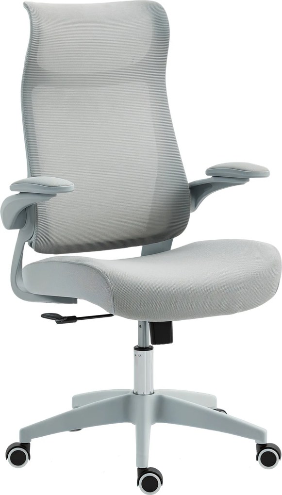HOMCOM Cadeira de Escritório Ergonómica com Suporte Lombar e Apoios de Braços 3D Dobráveis Função de Basculante 64x65x108-118 cm Cinzento | Aosom Portugal
