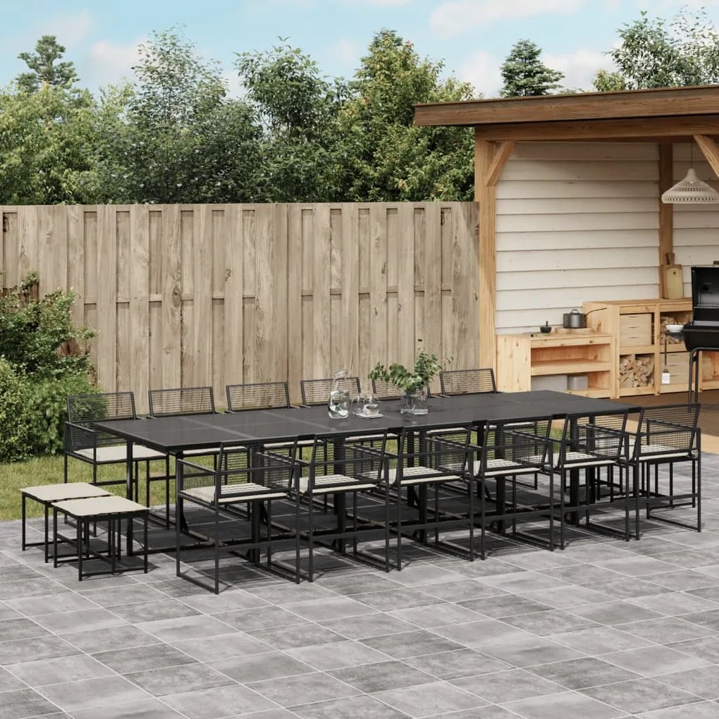 17 pcs conjunto de jantar p/ jardim c/ almofadões vime PE preto