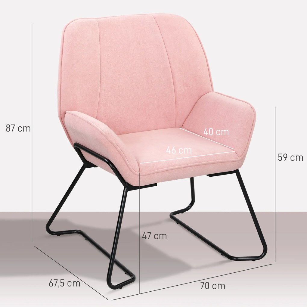 Poltrona Sala de Estar Moderna Poltrona de Leitura com Assento Largo e Acolchoado Estofada em Veludo Pés de Metal 70x67,5x87 cm Rosa