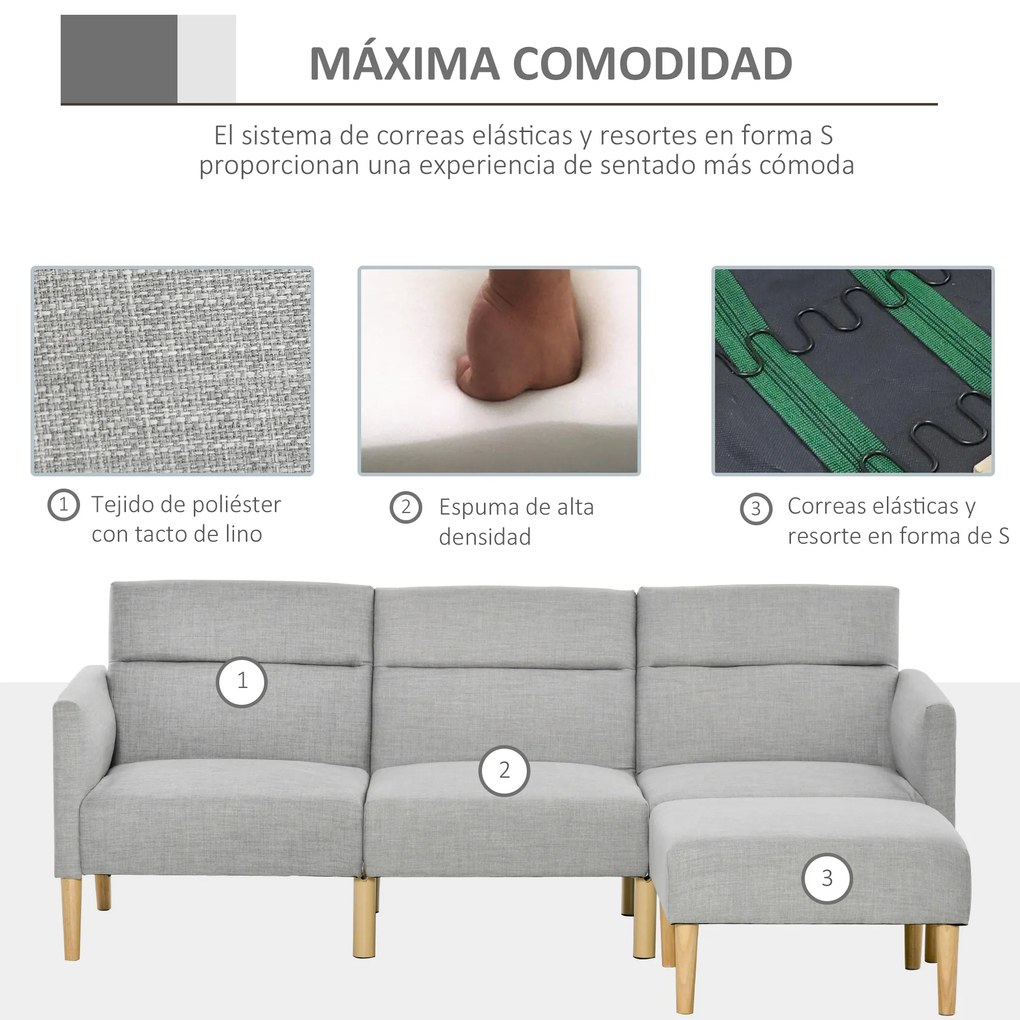 HOMCOM Sofá Cama com Chaise Longue de 3 Lugares com Encosto Ajustável Apoio para os Braços e Apoio para os Pés Móvel 207x81x80cm Cinza Claro