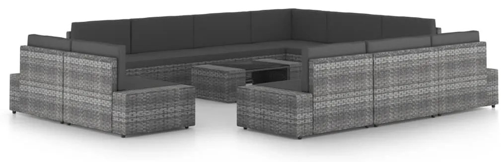 12 pcs conjunto lounge de jardim c/ almofadões vime PE cinzento