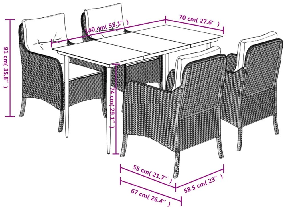 5 pcs conjunto de jantar p/ jardim com almofadões vime PE bege