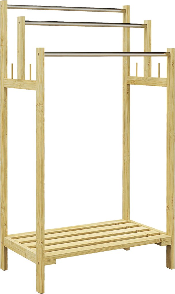 HOMCOM Toalheiro de Pé de Bambu com 3 Barras de Aço Inoxidável Prateleira Aberta 50,5x31x90 cm Natural | Aosom Portugal
