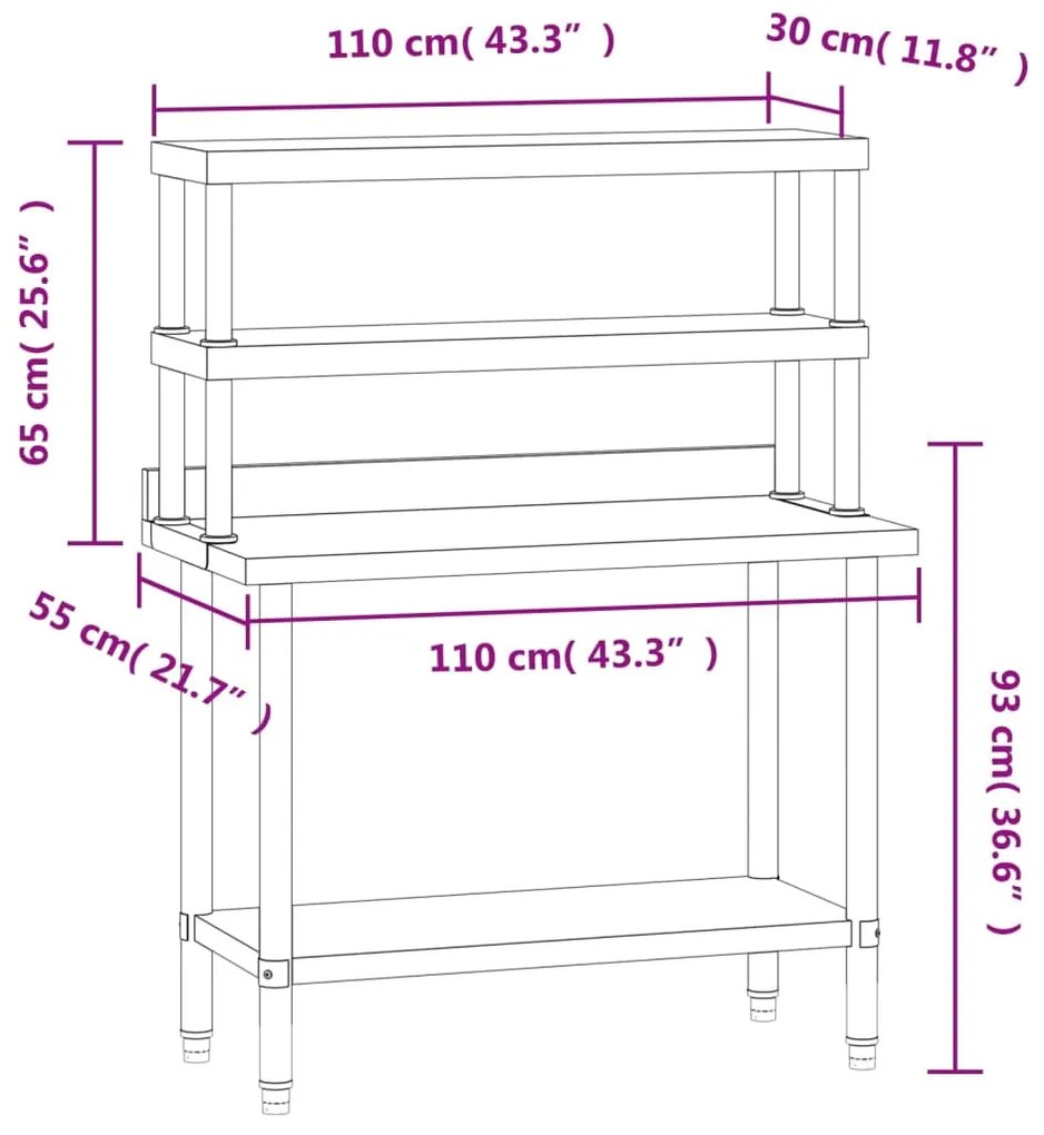 Mesa trabalho cozinha c/ prateleira 110x55x150cm aço inoxidável
