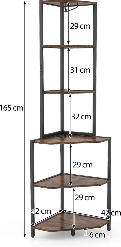 Estante de Canto com Iluminação LED, 42 x 42 x 165 cm, Estação de Carregamento Integrada, Castanho