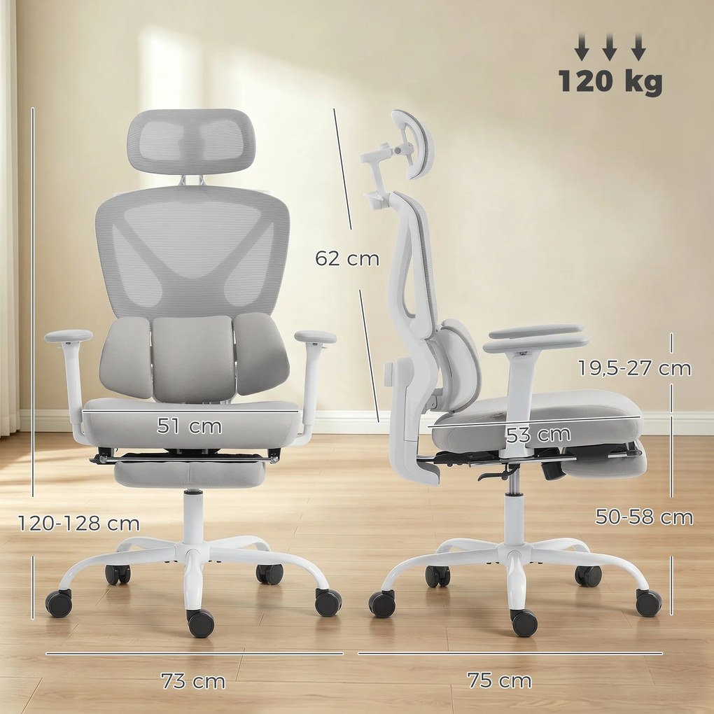 Cadeira de escritório ergonómica, cadeira de escritório com apoio lombar dinâmico e adaptável, 73 x 75 x 120-128 cm, cinzenta