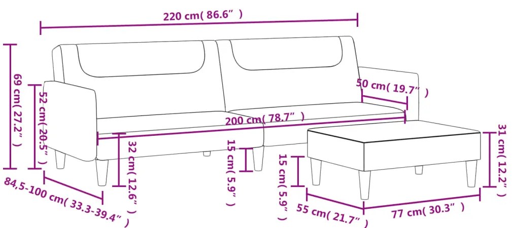 Sofá-cama de 2 lugares c/ apoio de pés tecido cinzento-claro