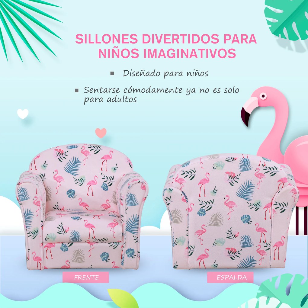 HOMCOM Poltrona para Crianças acima de 3 Anos com Desenhos de Flamingos Estrutura de Madeira e Estofado em Flanela 50x39x44 cm Rosa