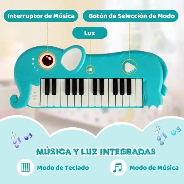 Piano infantil de 25 teclas em forma de elefante com música e luzes integradas para maiores de 3 anos Azul