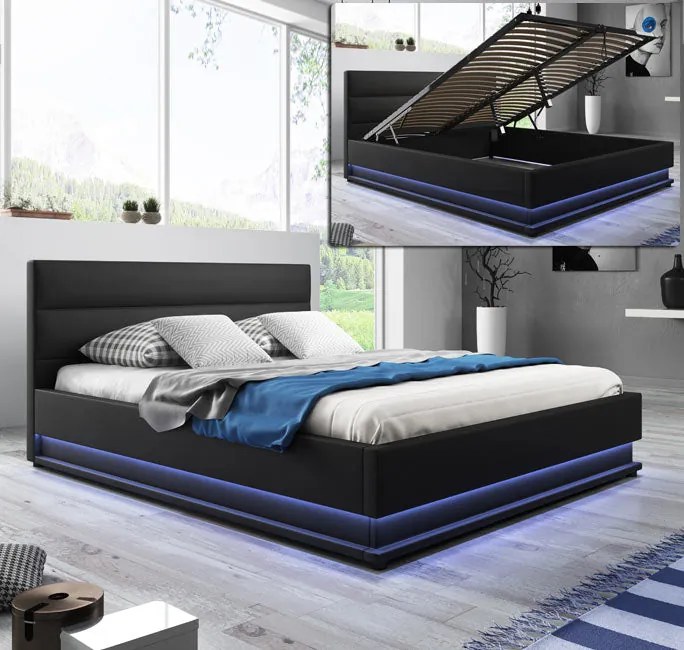 Cama Hidráulica com Arrumação "Naomi" - 150x190 cm - Preto - Polipele