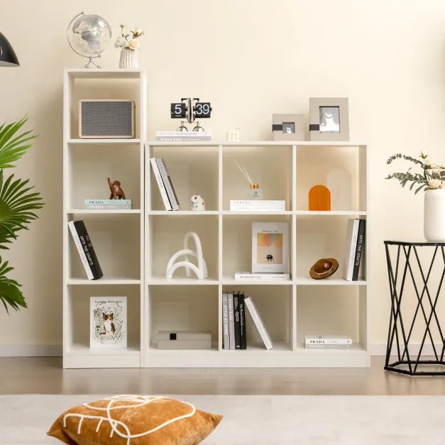 Estante estreita autónoma 5 níveis 4 cubos para livros CDs Estante de canto moderna para estudo 38 x 33 x 142 cm branca