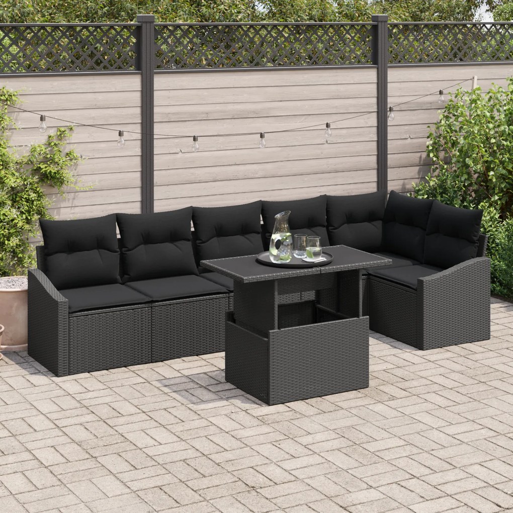 Conjunto de Sofá de Jardim de 7 Peças com Almofadas Preto em Rattan Po